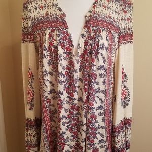 Lucky Brand Scarf‎ Printed Floral Boho Hippie Top Red & Blue Blouse Size L